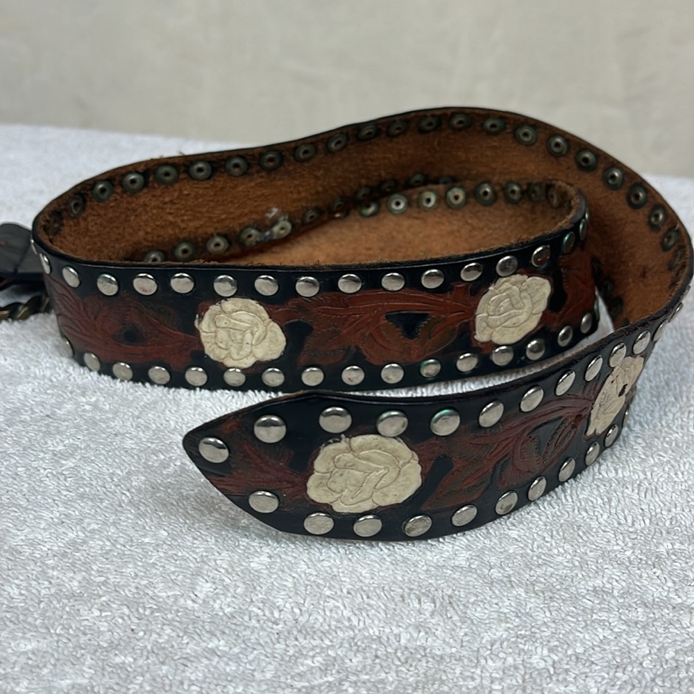 Fully Tooled Grommets Leather Belt Vintage white flower Western Cowgirl - Picture 8 of 12